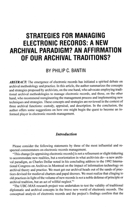 Strategies for Managing Electronic Records: a New Archival Paradigm? an Affirmation of Our Archival Traditions?