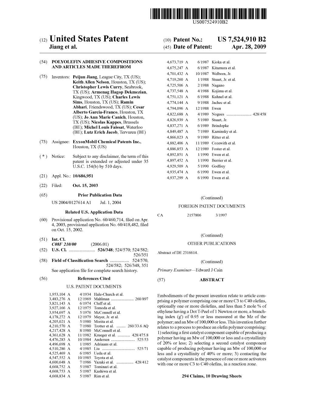 (12) United States Patent (10) Patent No.: US 7,524.910 B2 Jiang Et Al