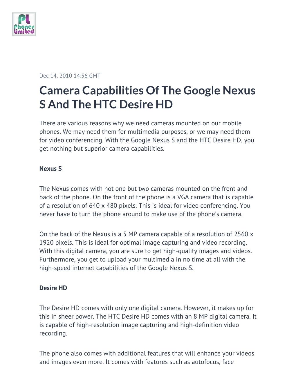 Camera Capabilities of the Google Nexus S and the HTC Desire HD
