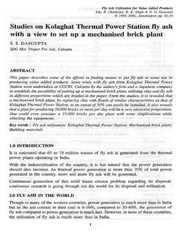 Studies on Kolaghat Thermal Power Station Fly Ash with a View to Set up a Mechanised Brick Plant