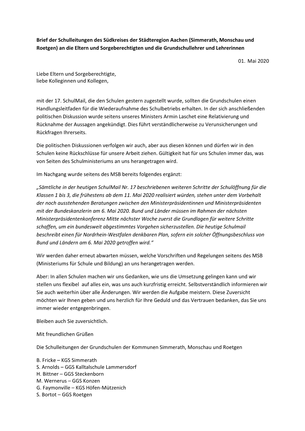 Brief Der Schulleitungen Des Südkreises Der Städteregion Aachen