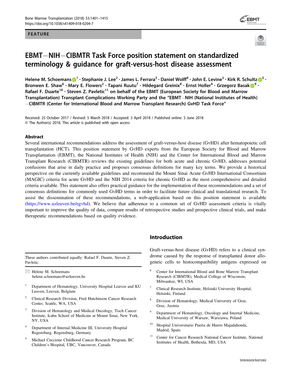 EBMT−NIH−CIBMTR Task Force Position Statement on Standardized Terminology & Guidance for Graft-Versus-Host Disease Assessment