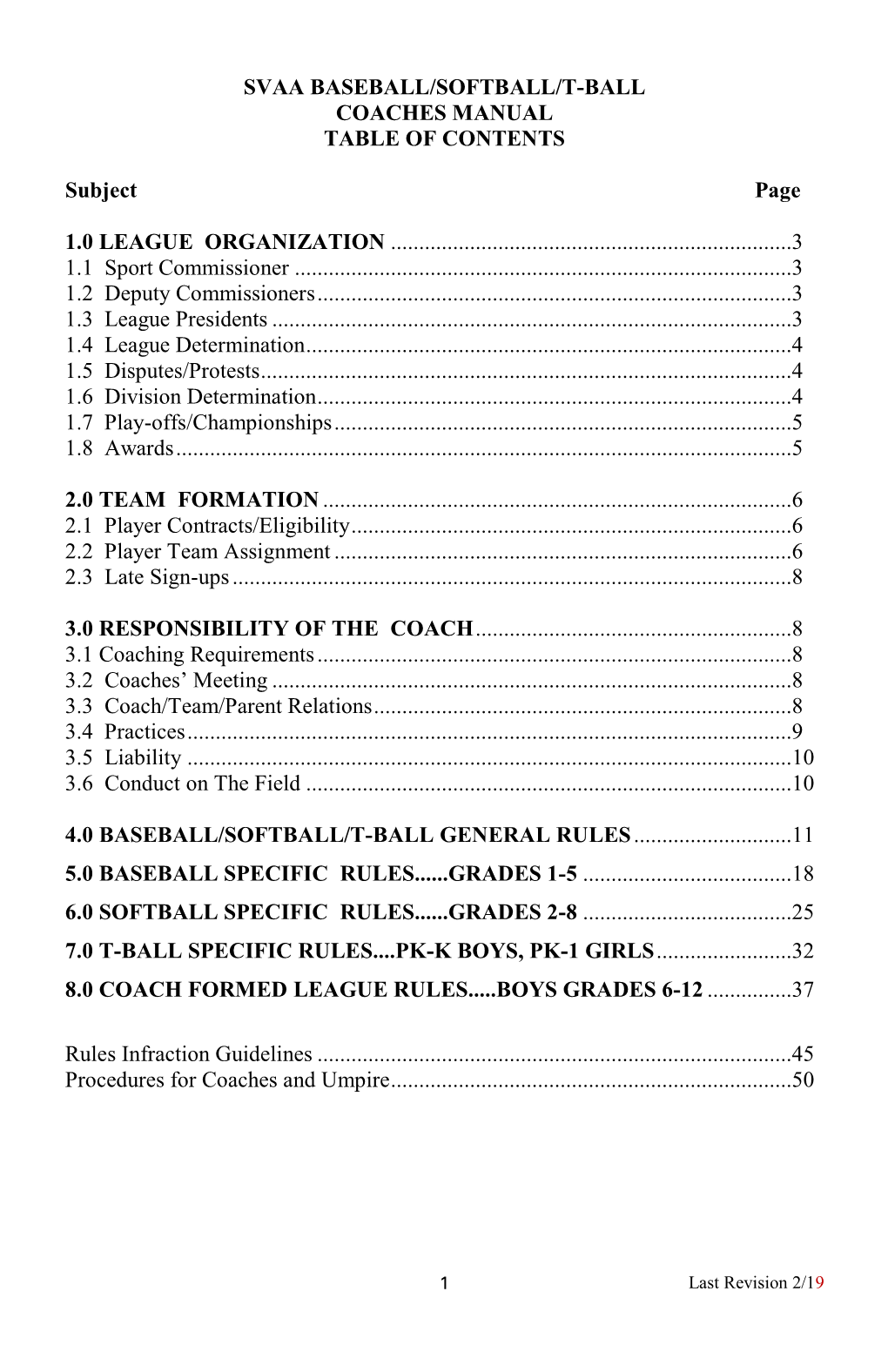 Svaa Baseball/Softball/T-Ball Coaches Manual Table of Contents