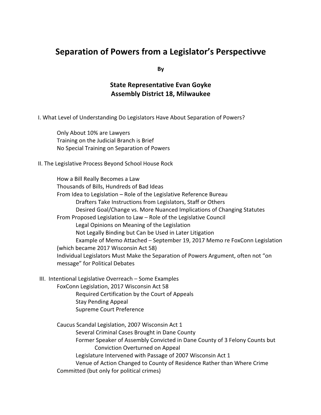 Separation of Powers from a Legislator's Perspectivve