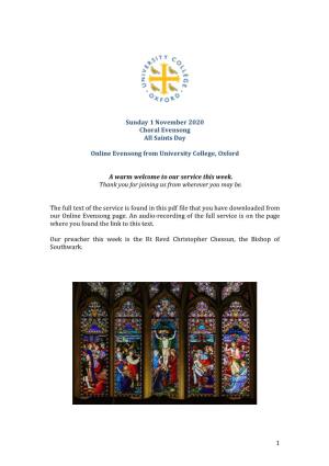 Sunday 1 November 2020 Choral Evensong All Saints Day Online Evensong from University College, Oxford