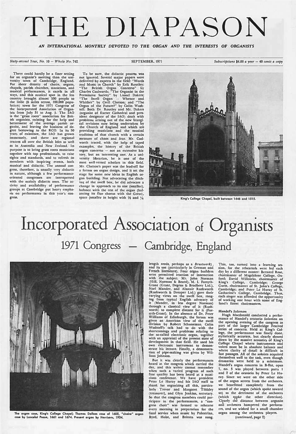 The Diapason an International Monthly Devoted to the Organ and the Interests of Organists
