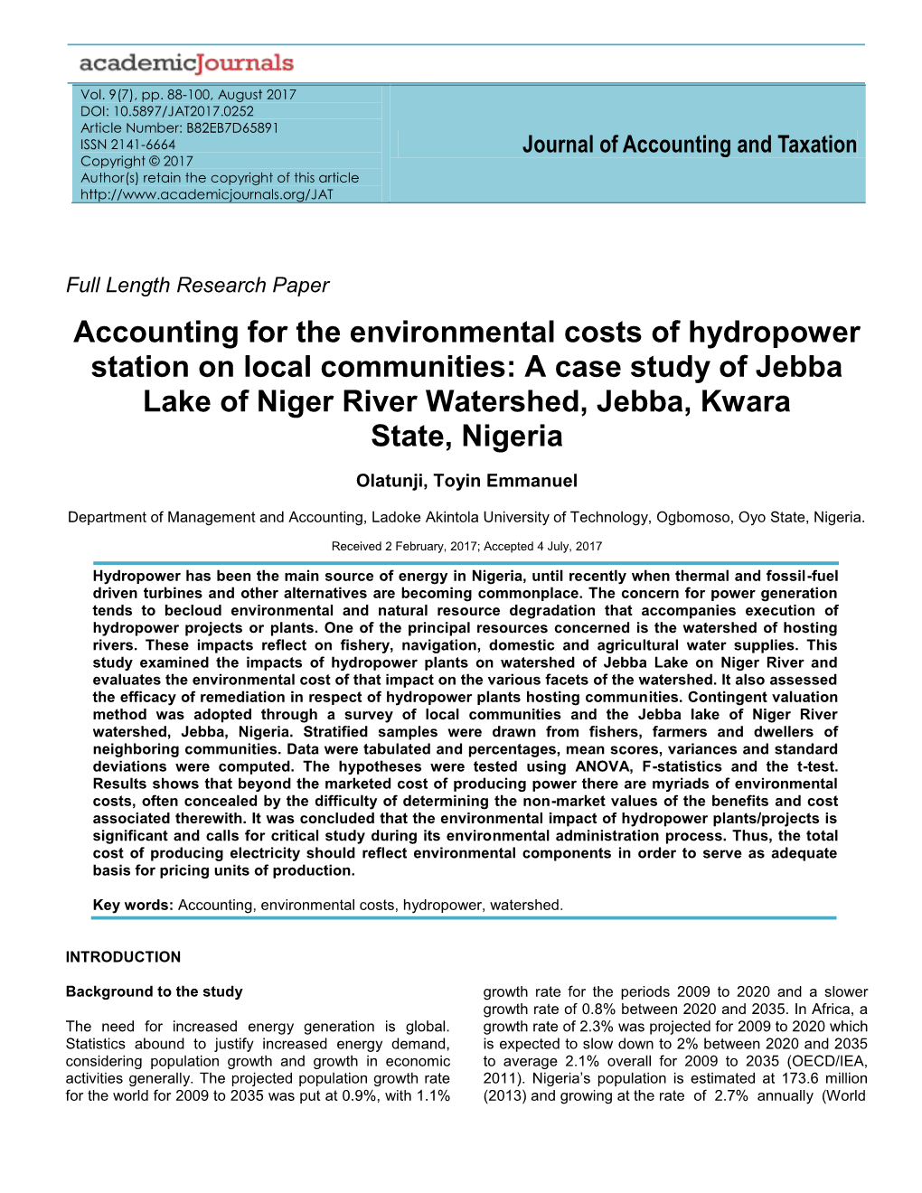 Accounting for the Environmental Costs of Hydropower Station on Local Communities: a Case Study of Jebba Lake of Niger River Watershed, Jebba, Kwara State, Nigeria