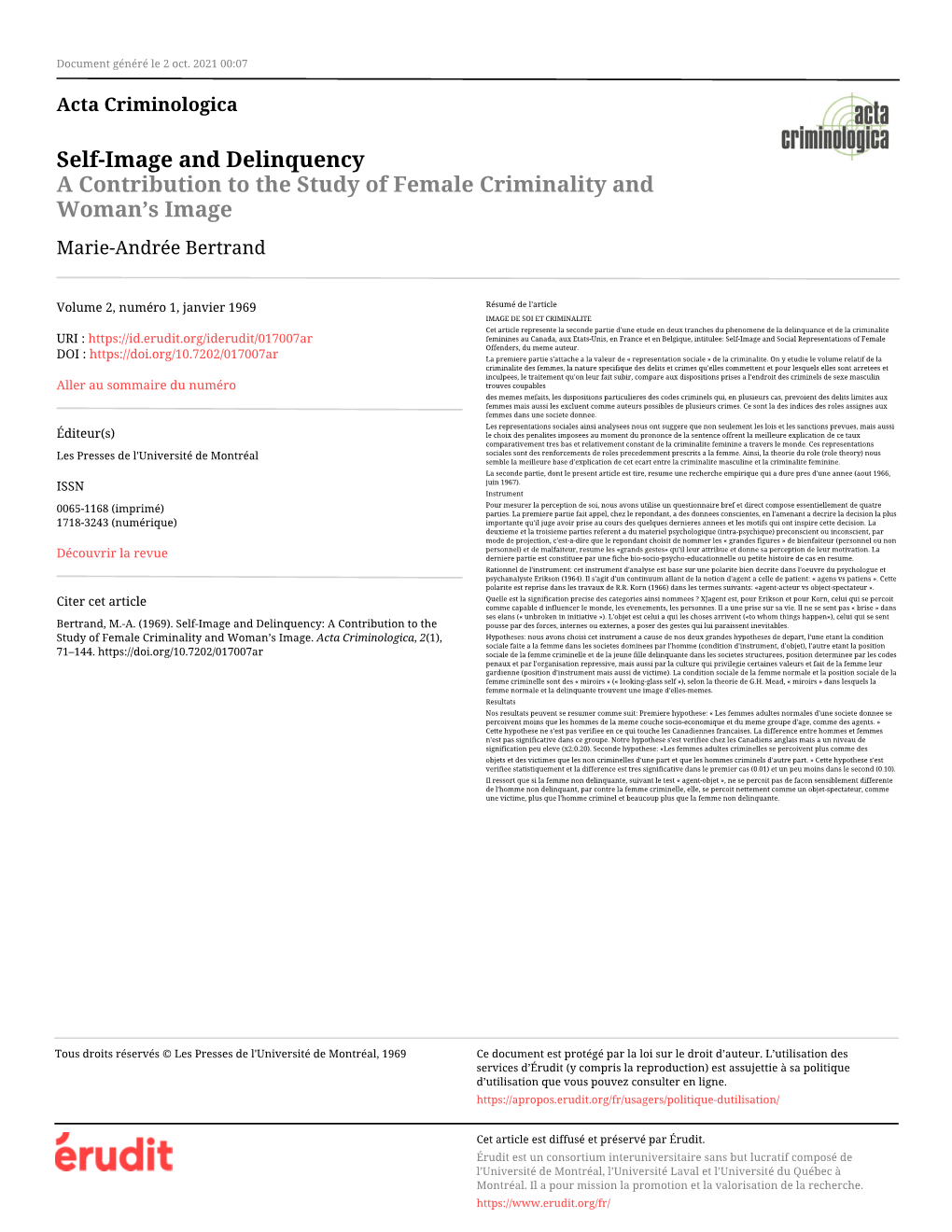 Self-Image and Delinquency a Contribution to the Study of Female Criminality and Woman’S Image Marie-Andrée Bertrand