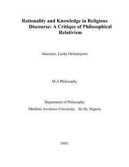 Rationality and Knowledge in Religious Discourse: a Critique of Philosophical Relativism