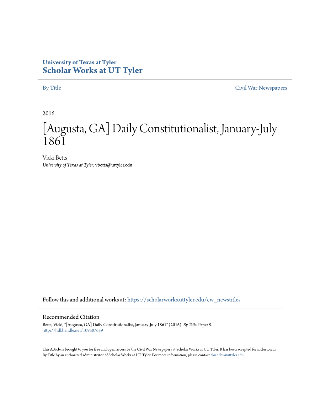 Augusta, GA] Daily Constitutionalist, January-July 1861 Vicki Betts University of Texas at Tyler, Vbetts@Uttyler.Edu