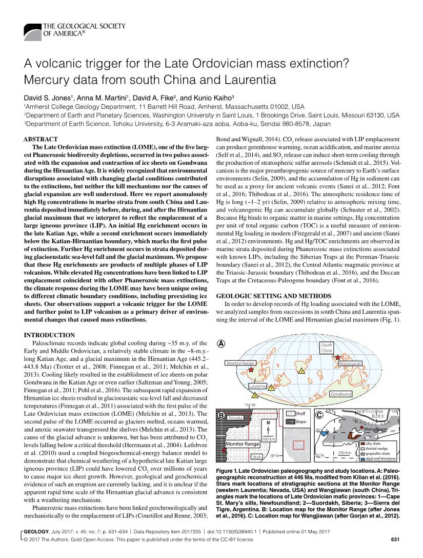 A Volcanic Trigger for the Late Ordovician Mass Extinction? Mercury Data from South China and Laurentia