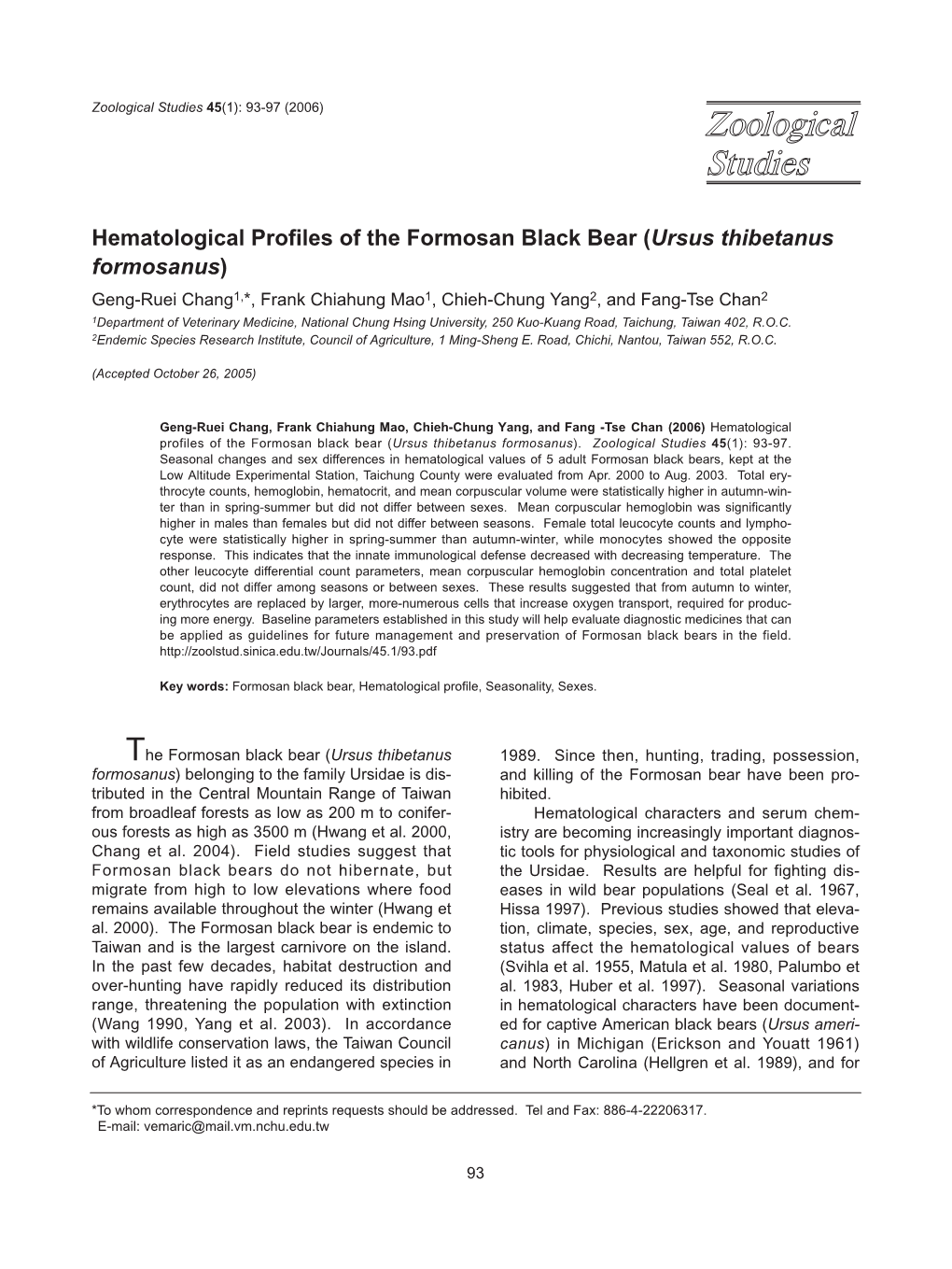 Hematological Profiles of the Formosan Black Bear