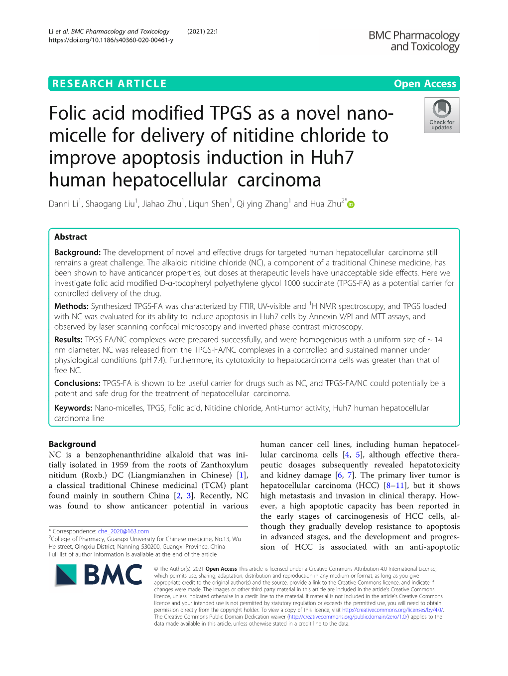 Folic Acid Modified TPGS As a Novel Nano-Micelle for Delivery of Nitidine
