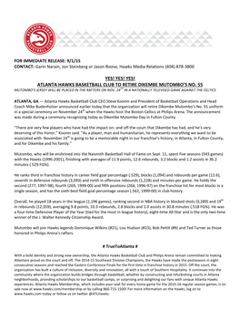 Atlanta Hawks Basketball Club to Retire Dikembe Mutombo’S No