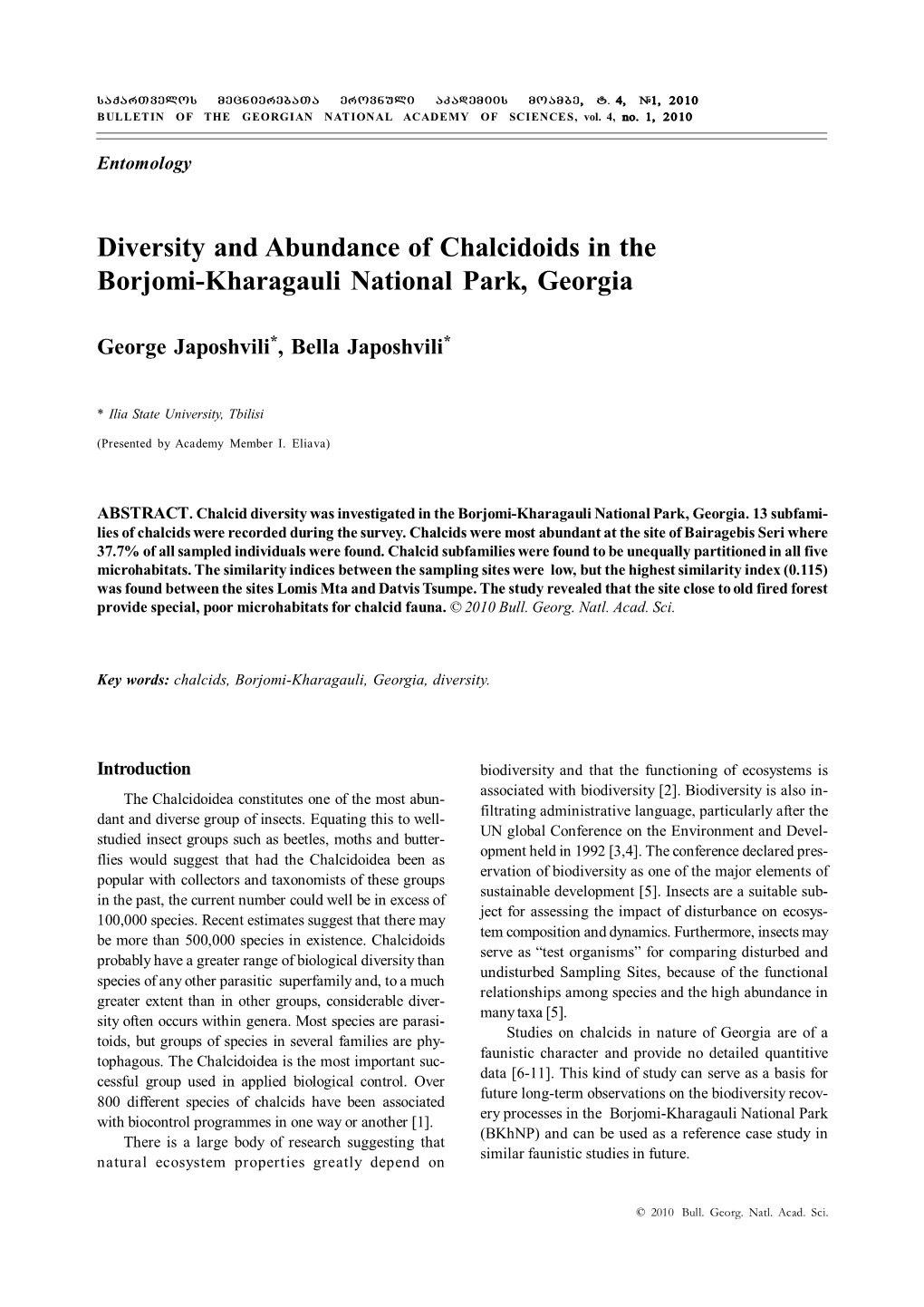 Diversity and Abundance of Chalcidoids in the Borjomi-Kharagauli National Park, Georgia