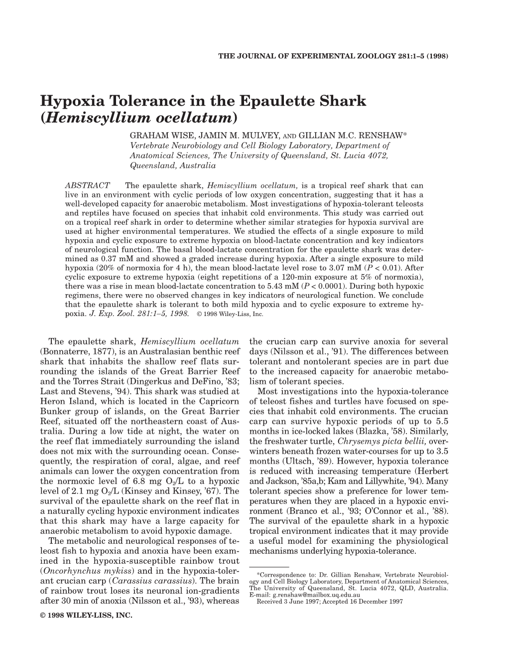 Hypoxia Tolerance in the Epaulette Shark (Hemiscyllium Ocellatum)