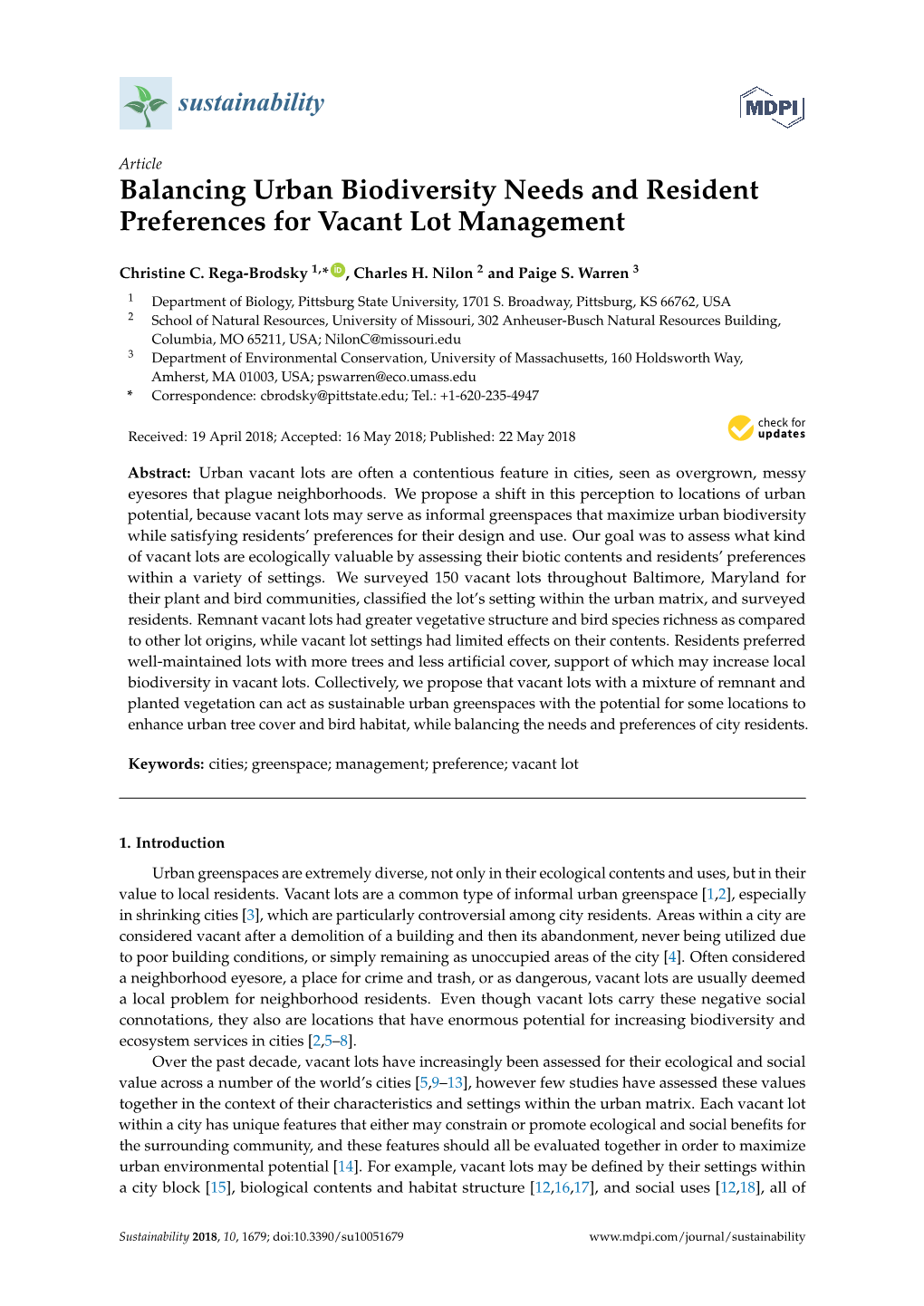 Balancing Urban Biodiversity Needs and Resident Preferences for Vacant Lot Management