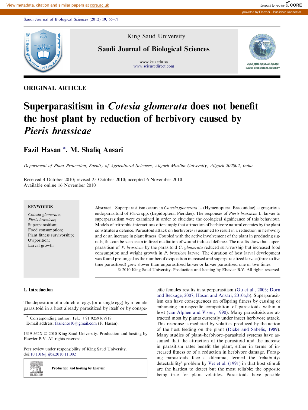 Superparasitism in Cotesia Glomerata Does Not Benefit the Host Plant By