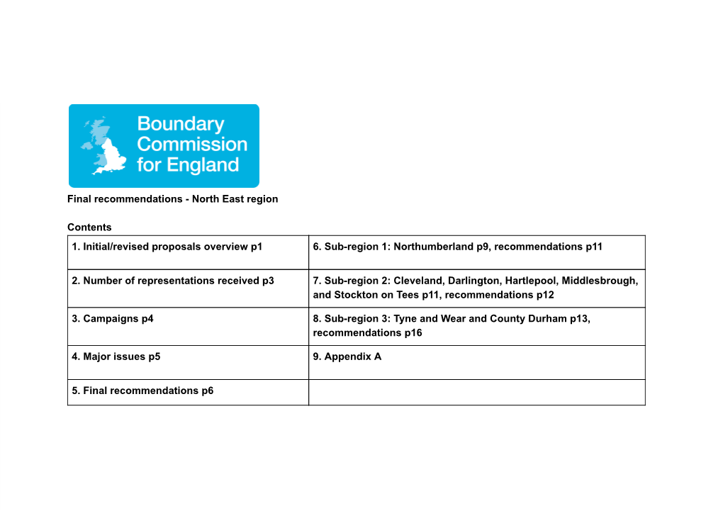 Final Recommendationsанаnorth East Region Contents 1. Initial/Revised