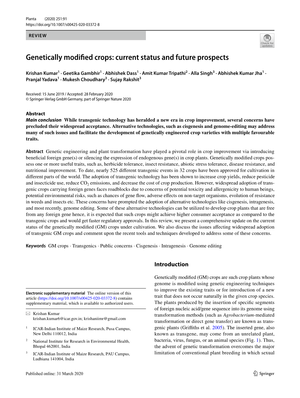 Genetically Modified Crops: Current Status and Future Prospects