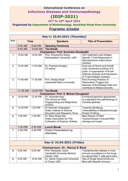 (IDIP-2021) 22Nd to 24Th April 2021 Organized by Department of Biotechnology, Savitribai Phule Pune University Programme Schedule