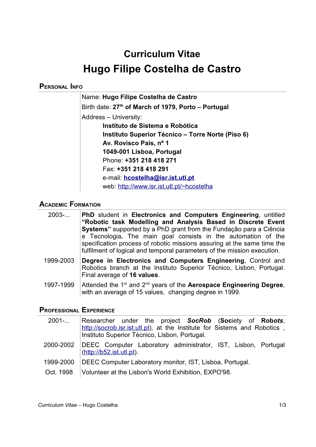 Curriculum Vitae De Hugo Costelha