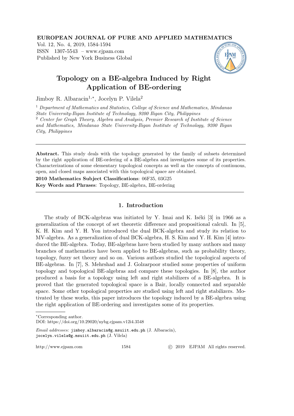 Topology on a BE-Algebra Induced by Right Application of BE-Ordering Jimboy R