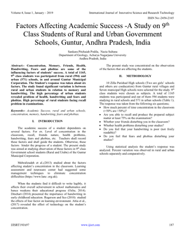 Factors Affecting Academic Success -A Study on 9Th Class Students of Rural and Urban Government Schools, Guntur, Andhra Pradesh, India