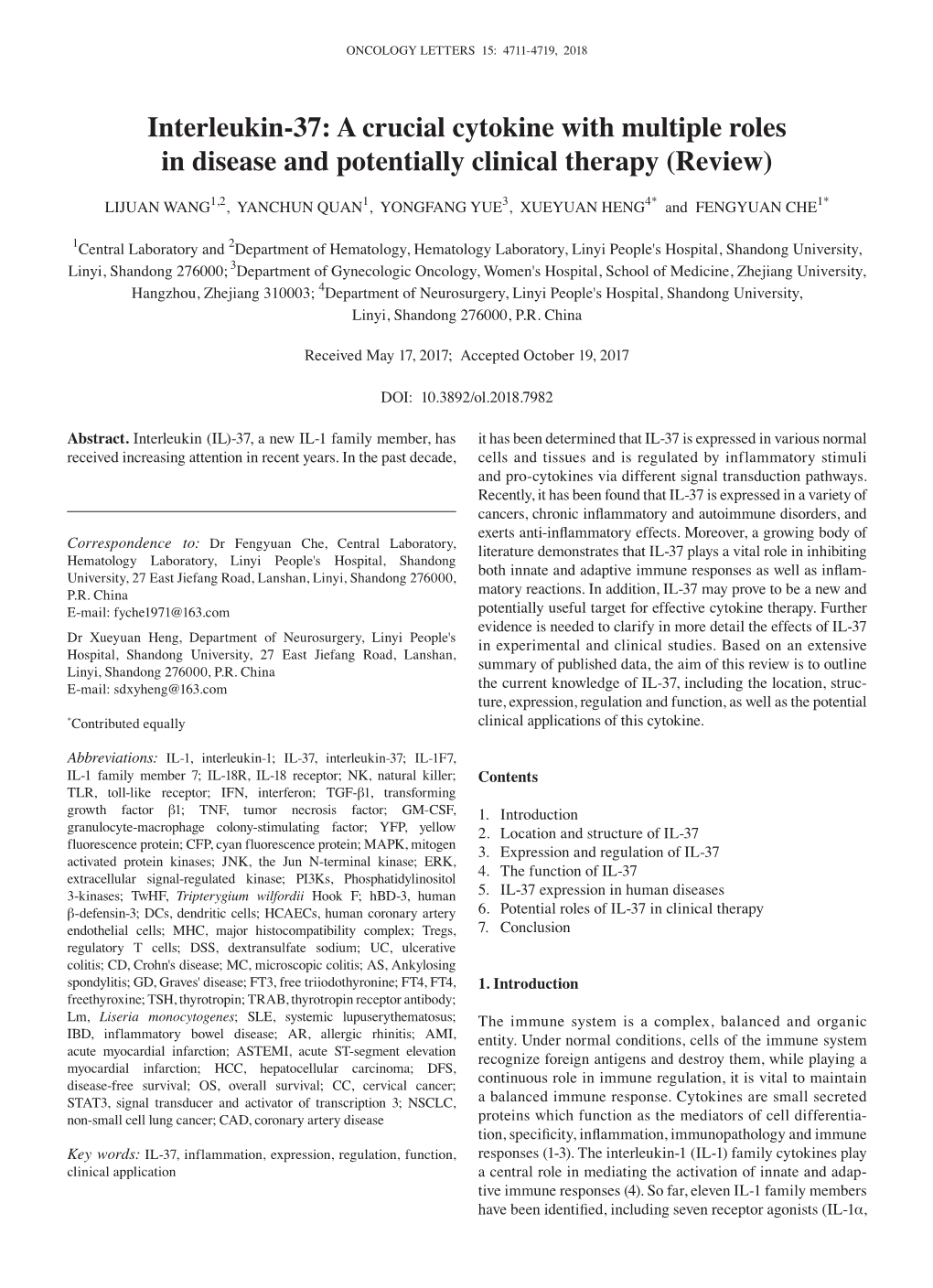 Interleukin-37: a Crucial Cytokine with Multiple Roles in Disease and Potentially Clinical Therapy (Review)