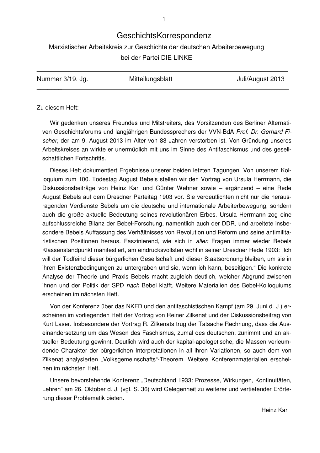 Geschichtskorrespondenz Marxistischer Arbeitskreis Zur Geschichte Der Deutschen Arbeiterbewegung Bei Der Partei DIE LINKE ______Nummer 3/19