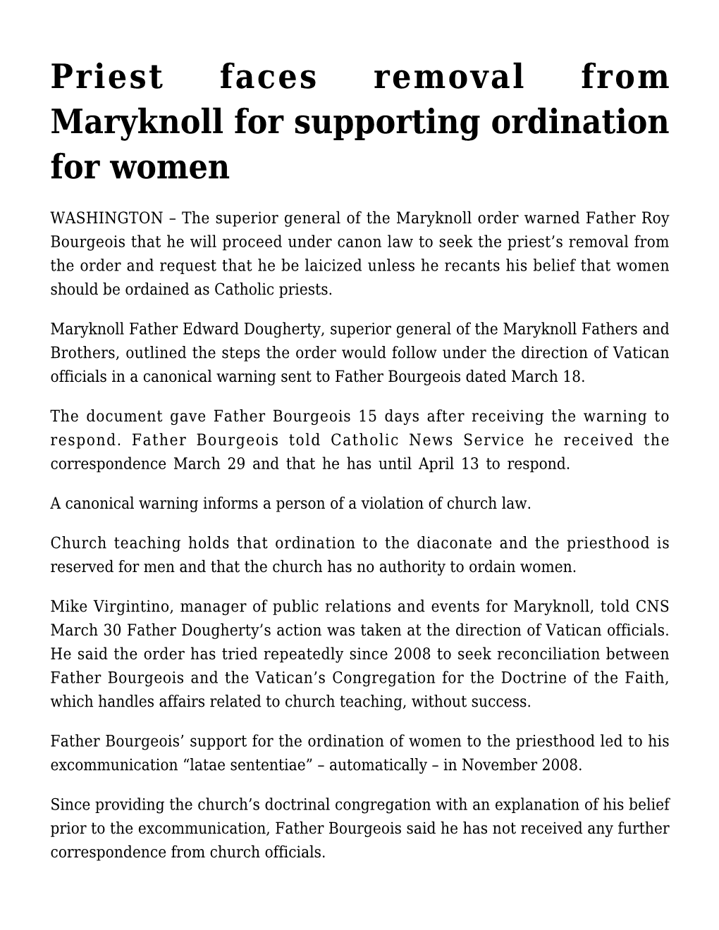 Priest Faces Removal from Maryknoll for Supporting Ordination for Women