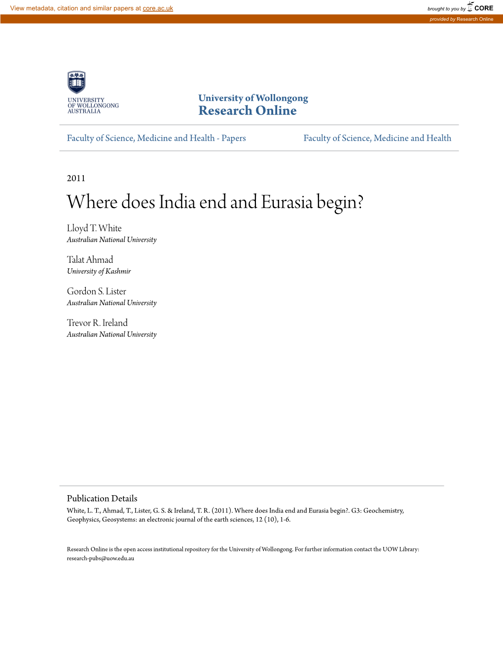 Where Does India End and Eurasia Begin? Lloyd T