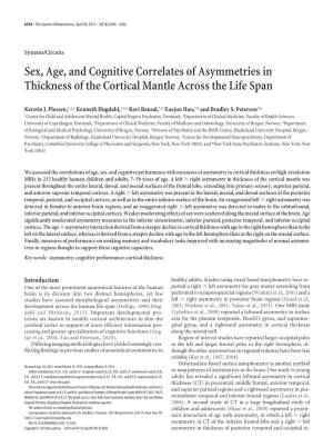 Sex, Age, and Cognitive Correlates of Asymmetries in Thickness of the Cortical Mantle Across the Life Span