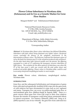 Flower Colour Inheritance in Nicotiana Alata (Solanaceae) and Its Use As a Genetic Marker for Gene Flow Studies