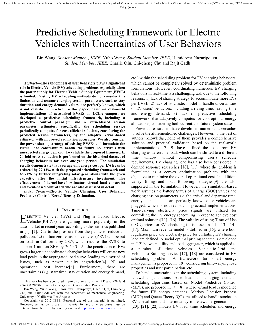 Predictive Scheduling Framework for Electric Vehicles with Uncertainties of User Behaviors