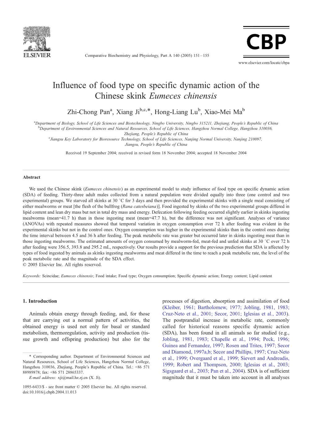 Influence of Food Type on Specific Dynamic Action of the Chinese Skink Eumeces Chinensis