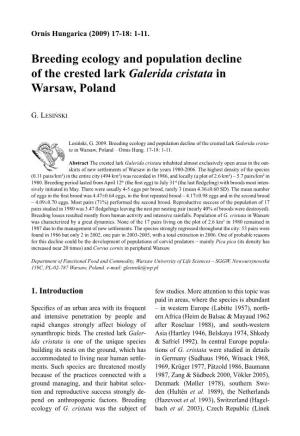 Breeding Ecology and Population Decline of the Crested Lark Galerida Cristata in Warsaw, Poland