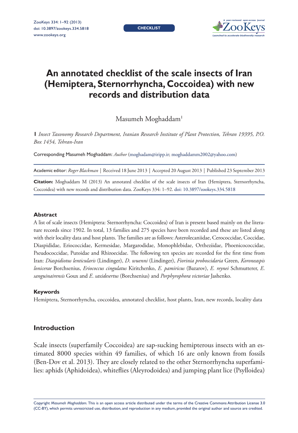 An Annotated Checklist of the Scale Insects of Iran (Hemiptera, Sternorrhyncha, Coccoidea) with New Records and Distribution Data