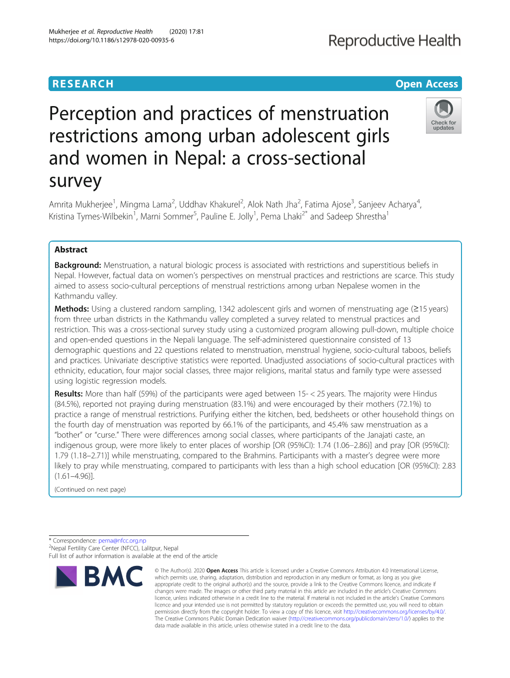 Perception and Practices of Menstruation Restrictions Among