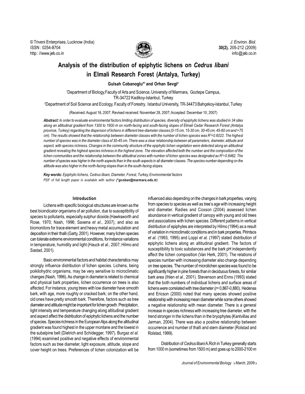 Analysis of the Distribution of Epiphytic Lichens on Cedrus Libani in Elmali