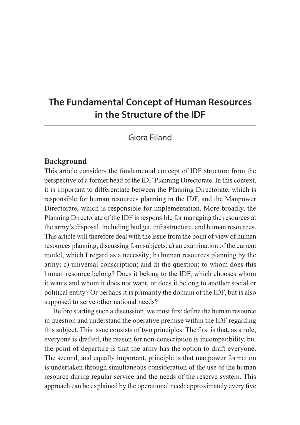 The Fundamental Concept of Human Resources in the Structure of the IDF
