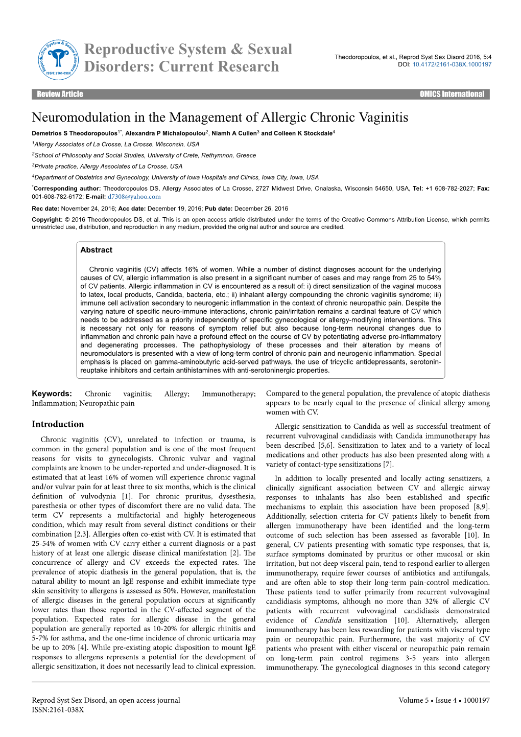 Neuromodulation in the Management of Allergic Chronic Vaginitis