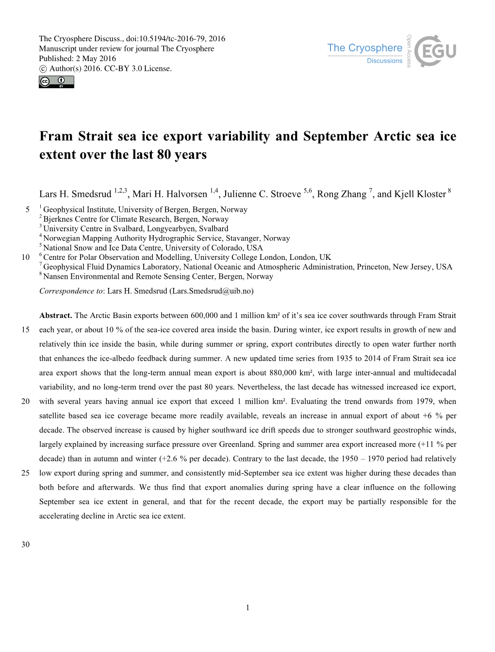 Fram Strait Sea Ice Export Variability and September Arctic Sea Ice Extent Over the Last 80 Years