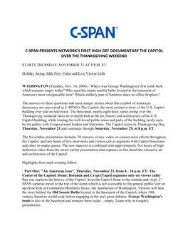 C-Span Presents Network's First High-Def Documentary the Capitol Over the Thanksgiving Weekend