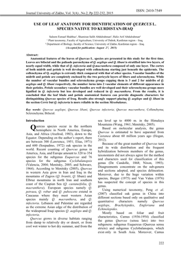 Use of Leaf Anatomy for Identification of Quercus L. Species Native to Kurdistan-Iraq