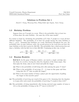 Solutions to Problem Set 1 1.3 Birthday Problem 1.4 Russian