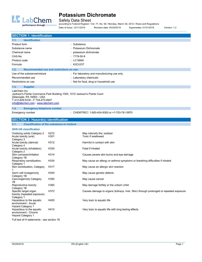 Potassium Dichromate Safety Data Sheet According to Federal Register / Vol