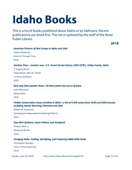 Idaho Books This Is a List of Books Published About Idaho Or by Idahoans