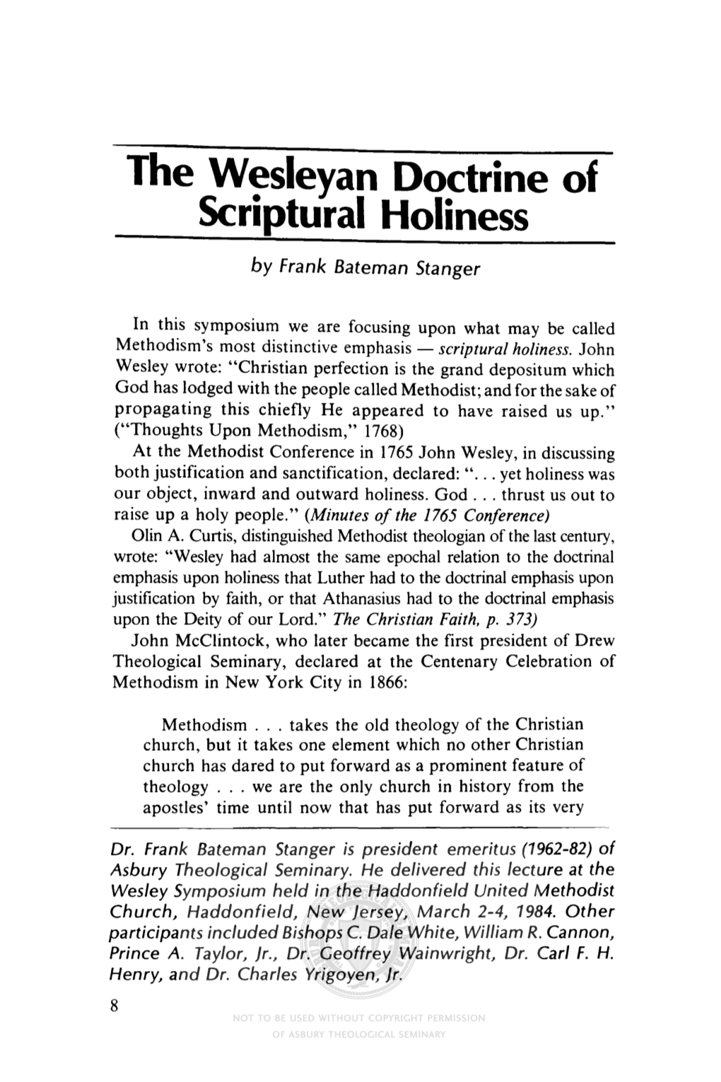 The Wesleyan Doctrine of Scriptural Holiness