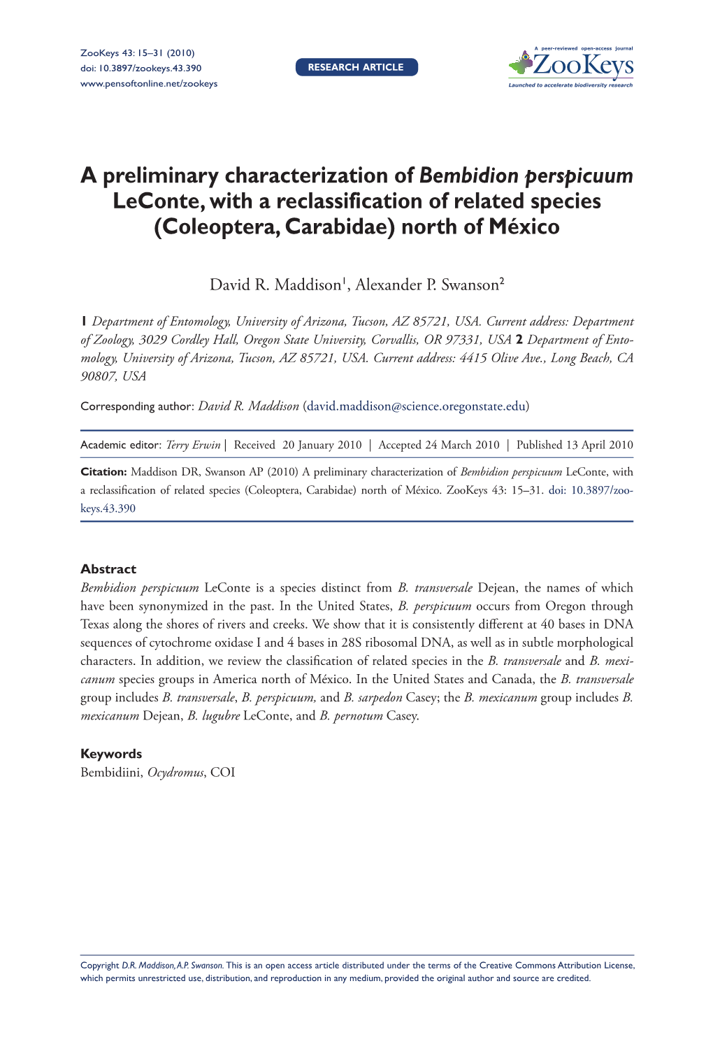 A Preliminary Characterization of Bembidion Perspicuum Leconte, with a Reclassification of Related Species (Coleoptera, Carabidae) North of México